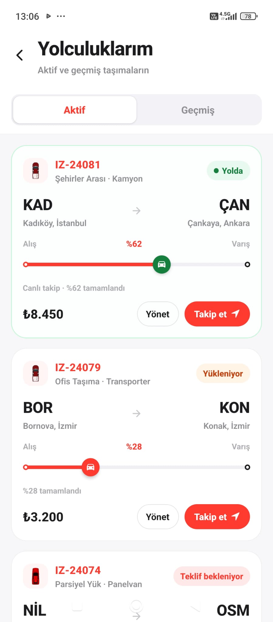 Aktif yolculuklar ekranı